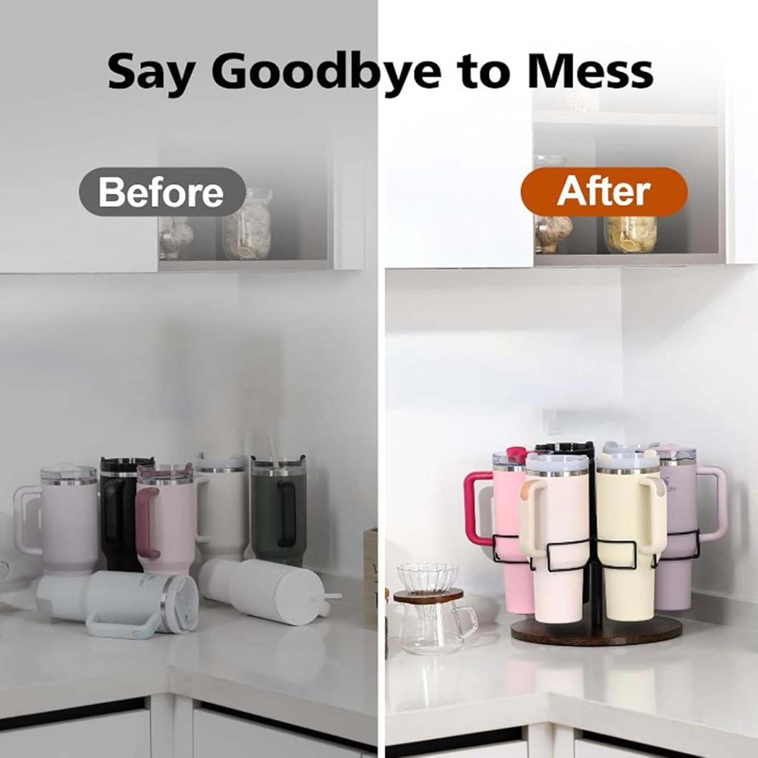 Rotatable Tumbler Organizer for 40 oz Cups, 6-Slot Tumbler Holder Organizer, Rotating Water Bottle Holder 40 oz Tumbler Storage Rack with Wooden Base for Kitchen Bottles Organization